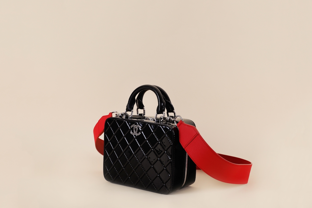Chanel Patent Quilted Logo Strap Small Vanity Case