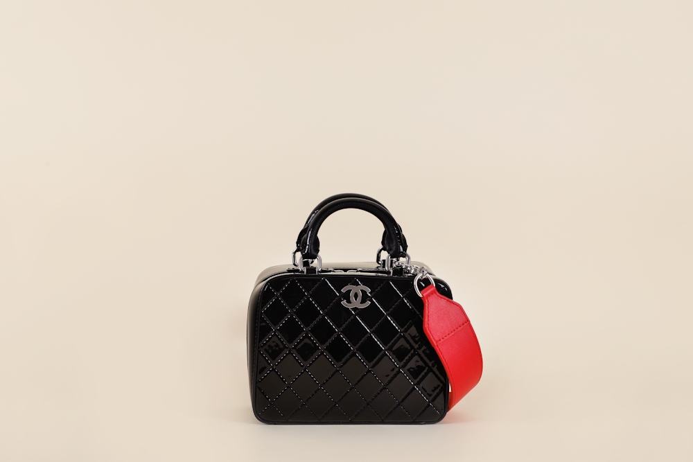 Chanel Patent Quilted Logo Strap Small Vanity Case