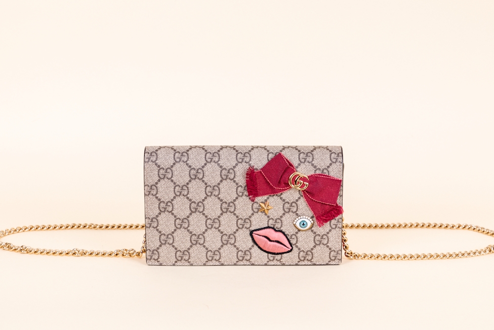 Gucci GG Supreme Face Embroidered Chain Wallet